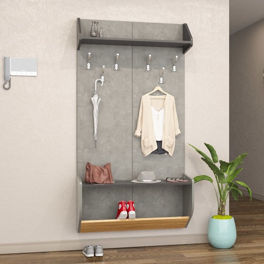 Vestiyer Retro Gümüş & Koyu Gri & Teak Vestiyer Retro Gümüş & Koyu Gri & Teak