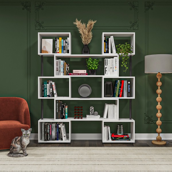 asratrend DK-02 Dekoratif Modern Kitaplık – Duvar/Köşe Modüler Şık Tasarım, Salon & Ofis Kitaplığı