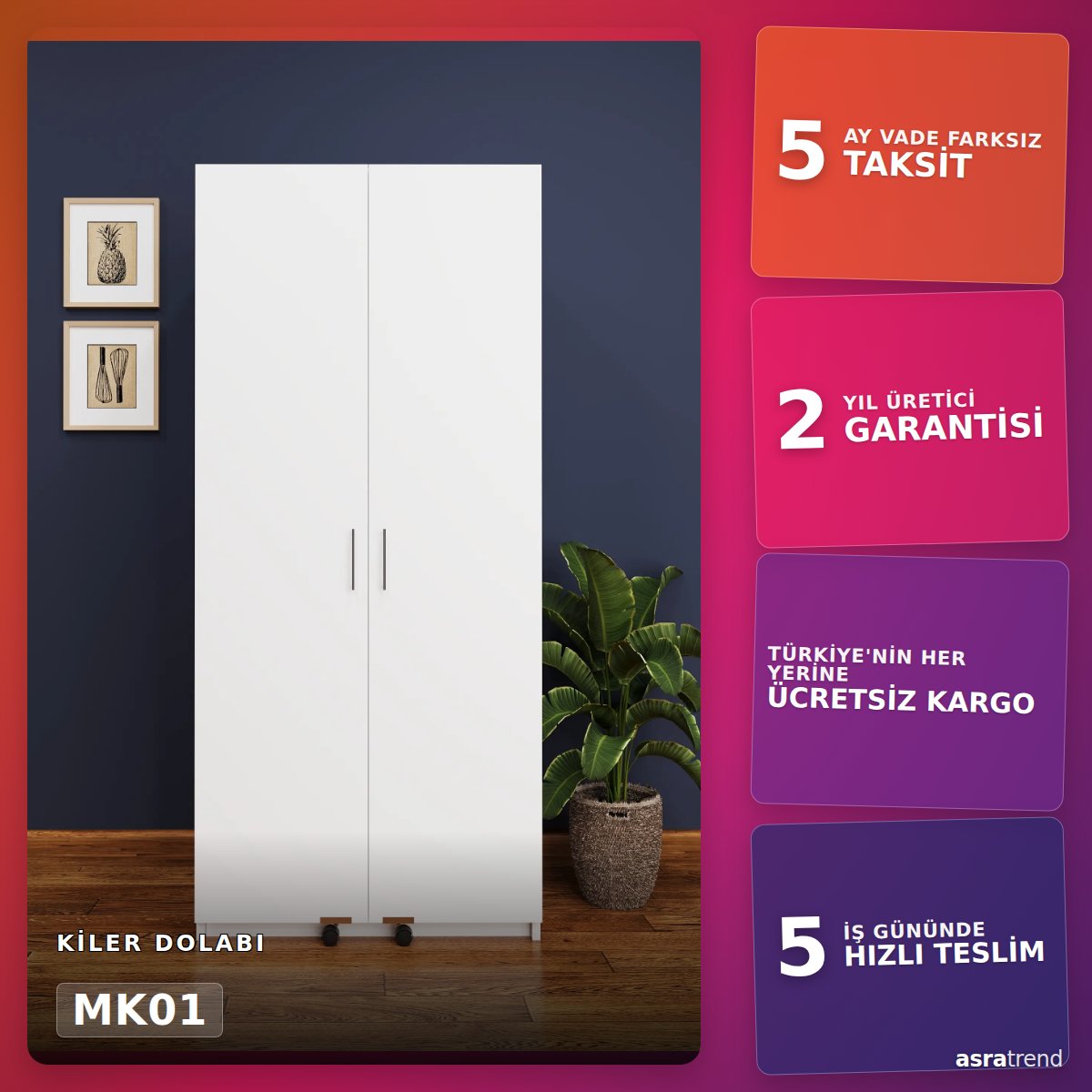 Mutfak Kiler Dolabı MK-01 | Beyaz 180 cm | Asra Trend