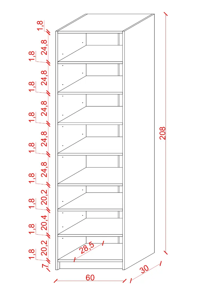 Açık Kitaplık 60x208 cm Petra 8 Raflı Tekli Ev Kütüphanesi K-05
