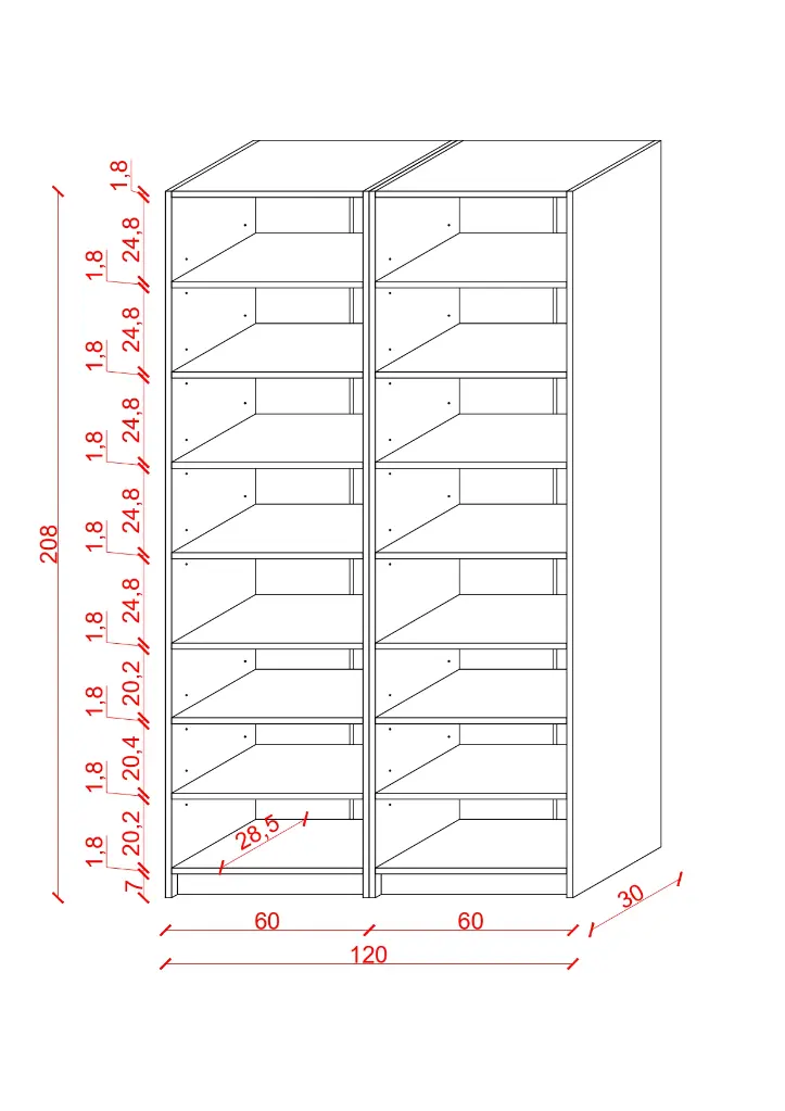 Raflı Kitaplık 120x208 cm İkili Beyaz Koyu Gri K-17
