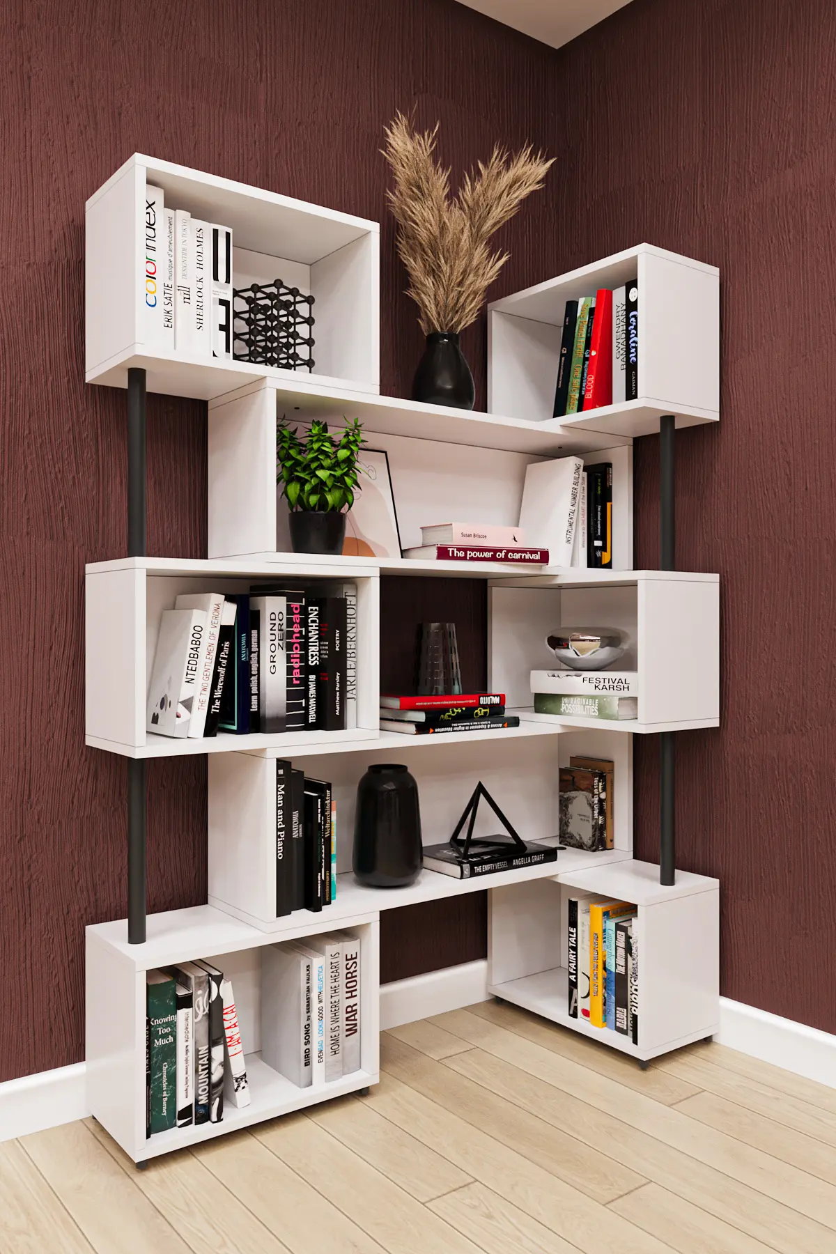 Modüler Kitaplık 150x173 cm Zikzak Asimetrik 6 Kutu Beyaz - DK-02 