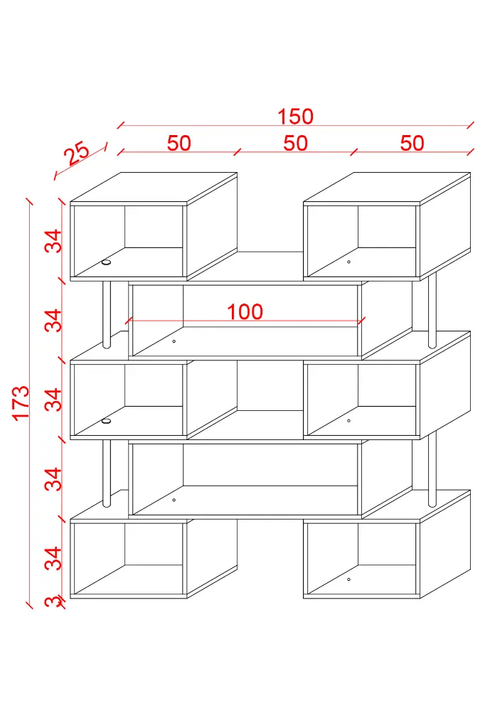 Modüler Kitaplık 150x173 cm Zikzak Asimetrik 6 Kutu Beyaz - DK-02 