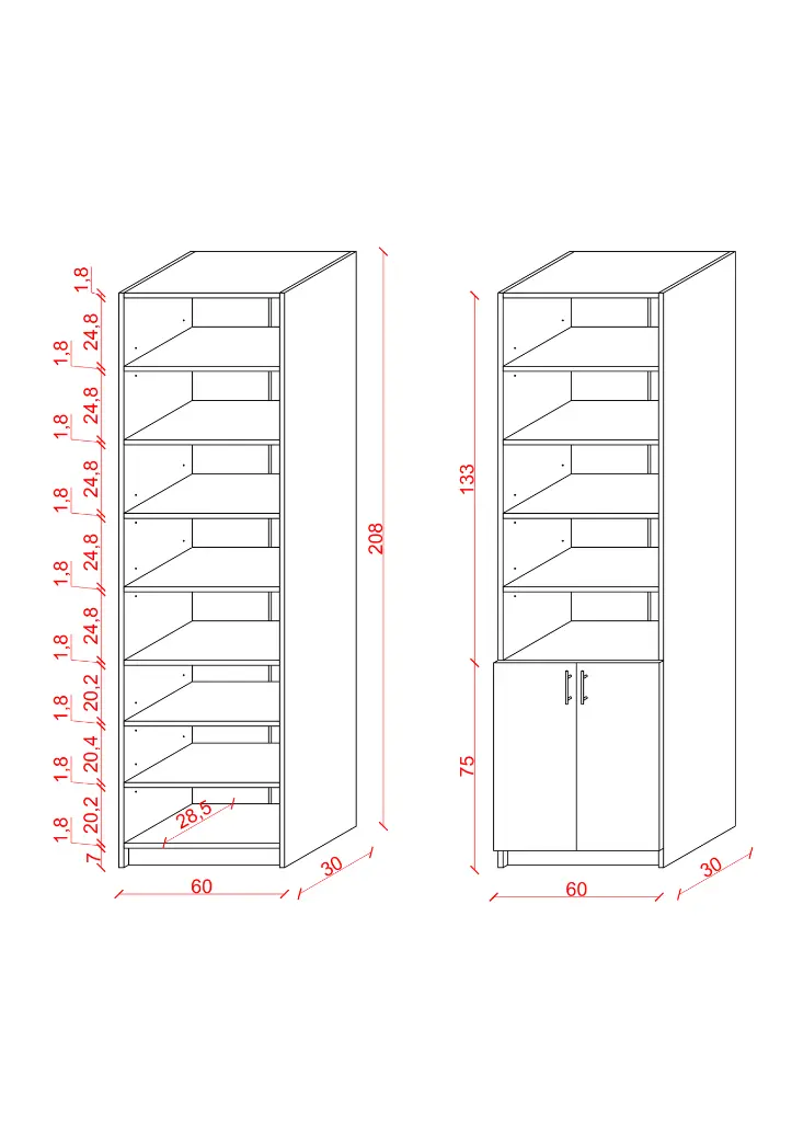 Koyu Gri Dolaplı 8 Raflı Kitaplık  – 60x208 cm %100 MDFLAM K-38