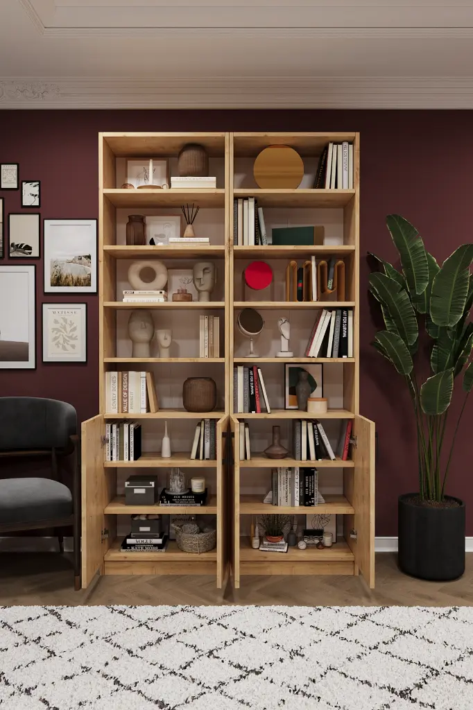 Safir Meşe Kapaklı Çift Modül Kitaplık – 120x208 cm %100 MDFLAM K-40