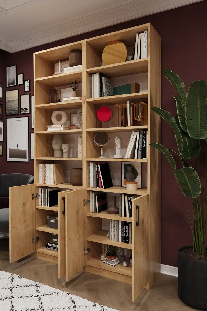Safir Meşe Kapaklı Çift Modül Kitaplık – 120x208 cm %100 MDFLAM K-40