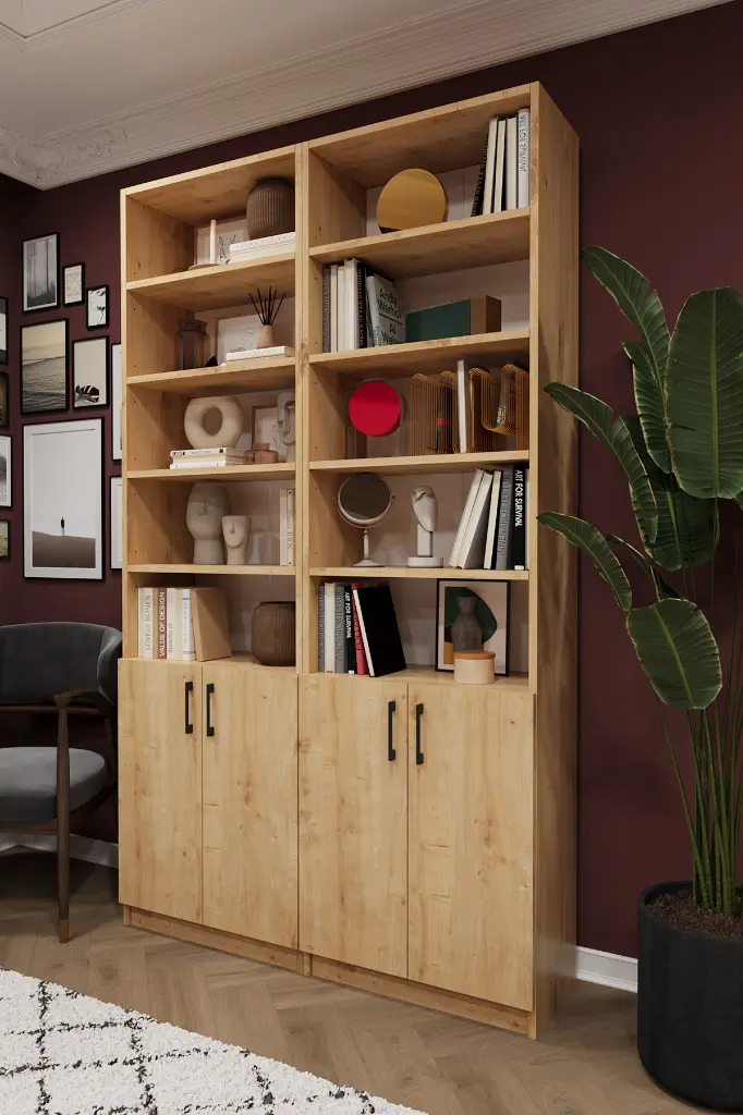 Safir Meşe Kapaklı Çift Modül Kitaplık – 120x208 cm %100 MDFLAM K-40
