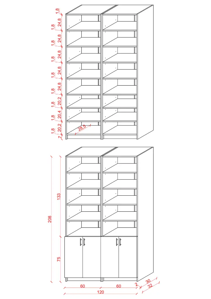 Safir Meşe Kapaklı Çift Modül Kitaplık – 120x208 cm %100 MDFLAM K-40