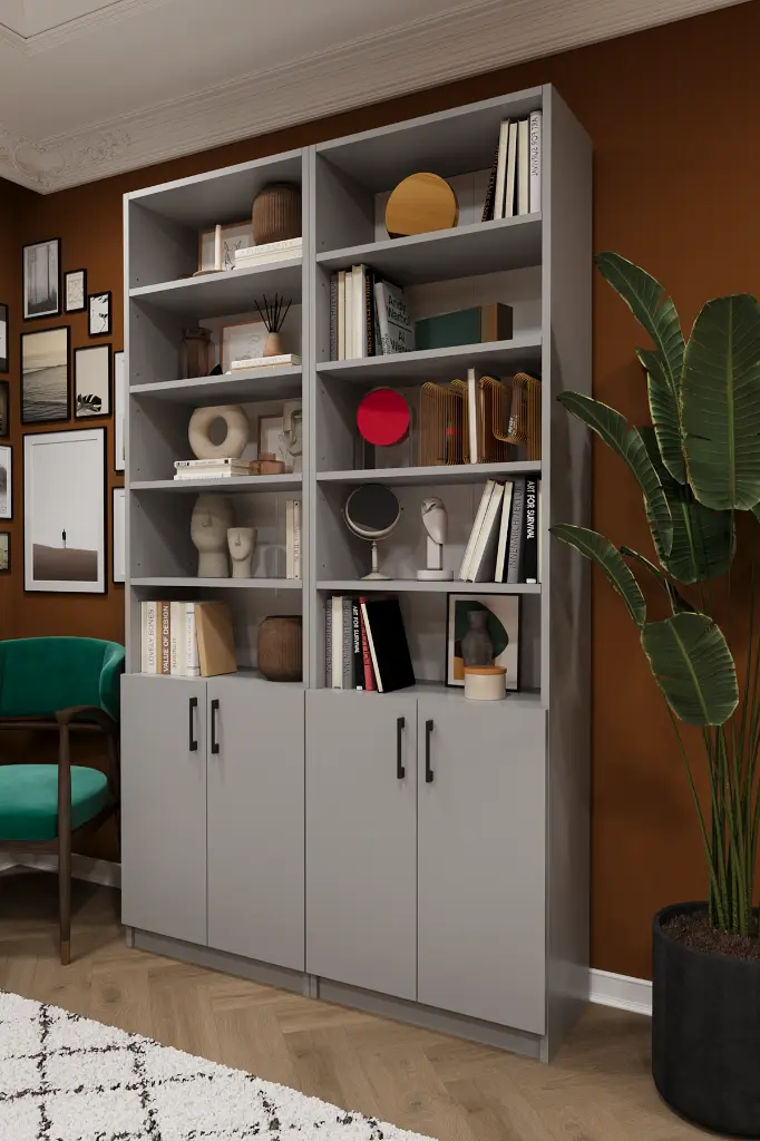 Kül Gri Kapaklı Geniş Ofis Tipi Kitaplık – 120x208 cm %100 MDFLAM K-41