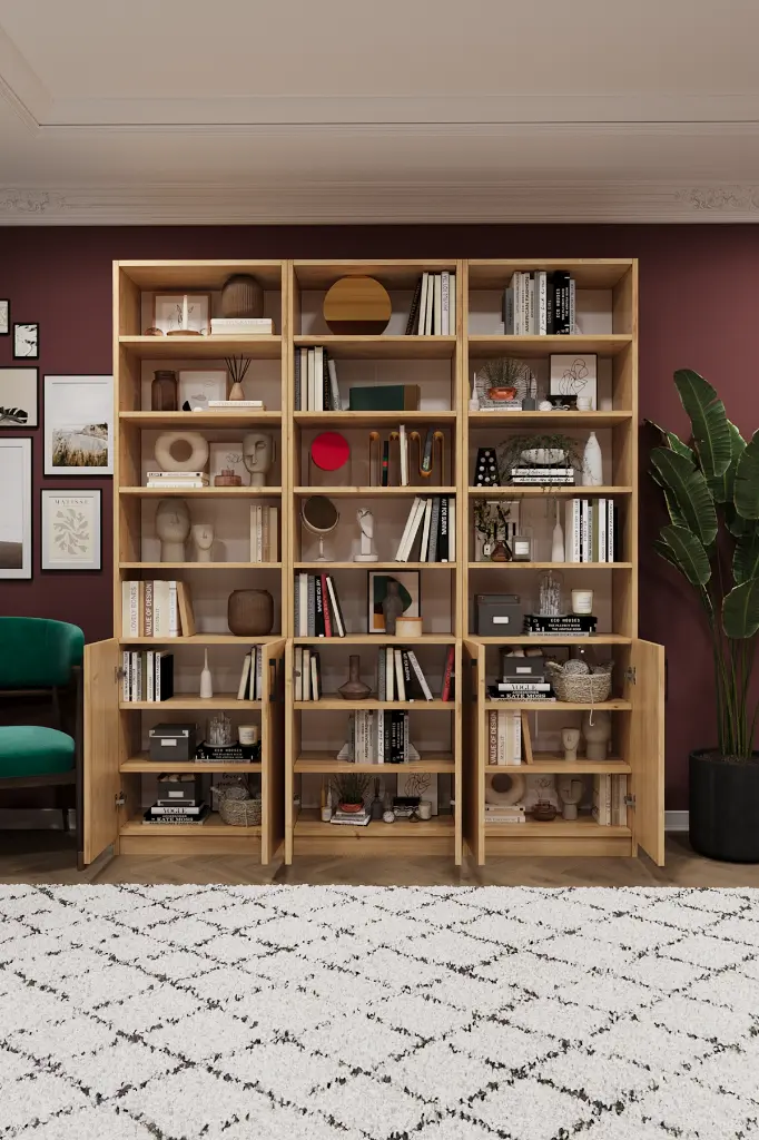 Doğal Görünümlü Safir Meşe Kapaklı Üçlü Kitaplık – 180x208 cm %100 MDFLAM K-51