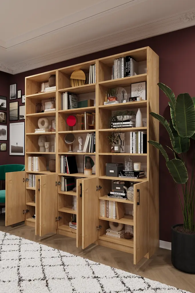 Doğal Görünümlü Safir Meşe Kapaklı Üçlü Kitaplık – 180x208 cm %100 MDFLAM K-51