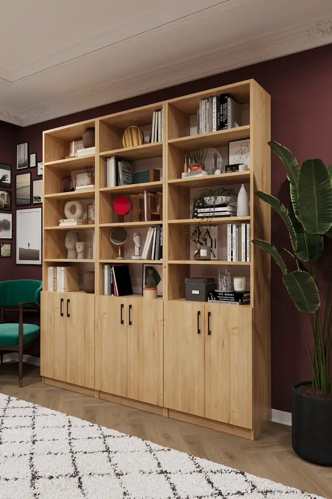 Doğal Görünümlü Safir Meşe Kapaklı Üçlü Kitaplık – 180x208 cm %100 MDFLAM K-51