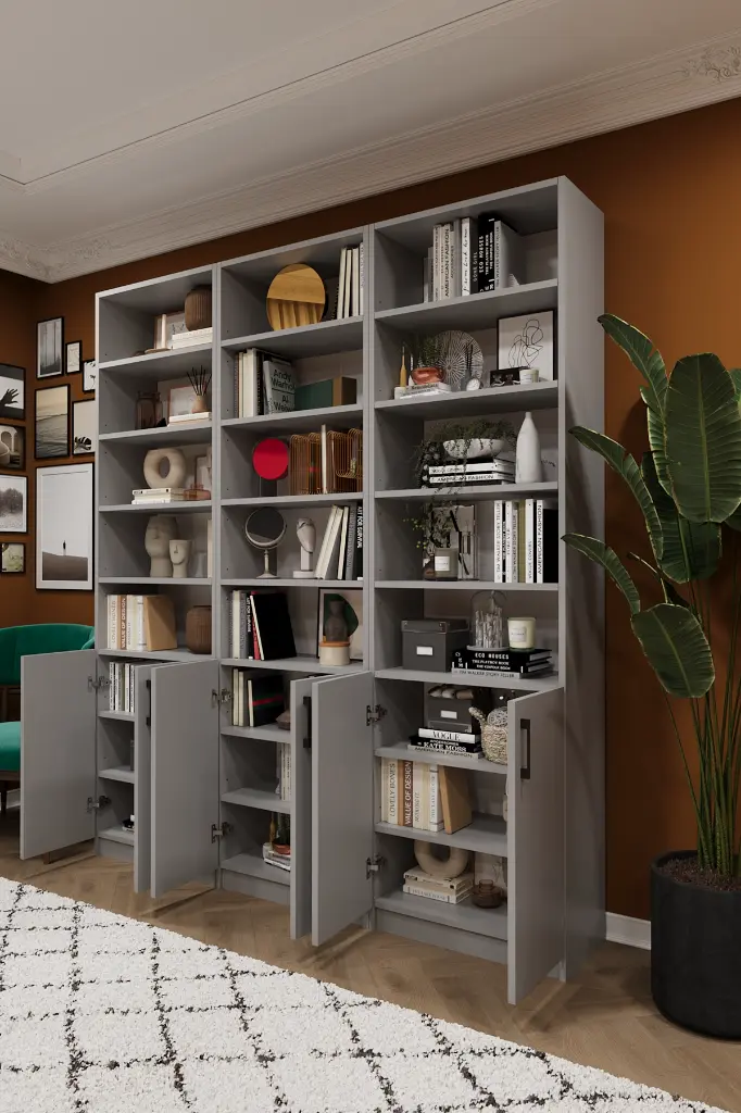 Kül Gri Kapaklı Üçlü Çalışma Odası Kitaplığı – 180x208 cm %100 MDFLAM K-52