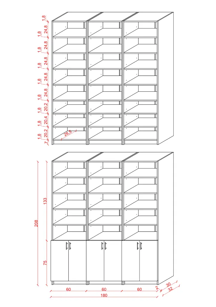 Kül Gri Kapaklı Üçlü Çalışma Odası Kitaplığı – 180x208 cm %100 MDFLAM K-52