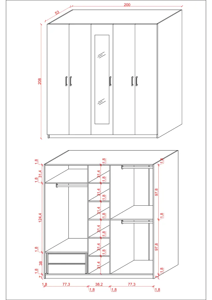 G-04 ölçü şeması: 200 cm genişlik, 53 cm derinlik, 208 cm yükseklik; iç bölmeler 77,3 ve 38,2 cm, askı alanları 97,8 cm.