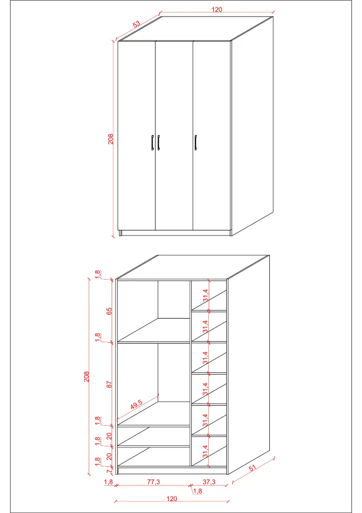 3 Kapaklı Gardırop 120x208 cm Çift Askılıklı MDFLAM Yatak Odası Gardırobu G-01
