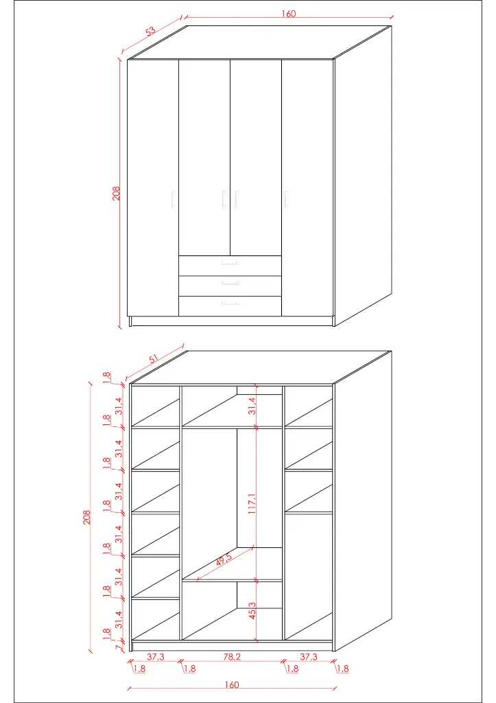 4 Kapaklı 3 Çekmeceli Gardırop 160x208 cm Çift Askılıklı MDFLAM Yatak Odası Gardırobu G-02 