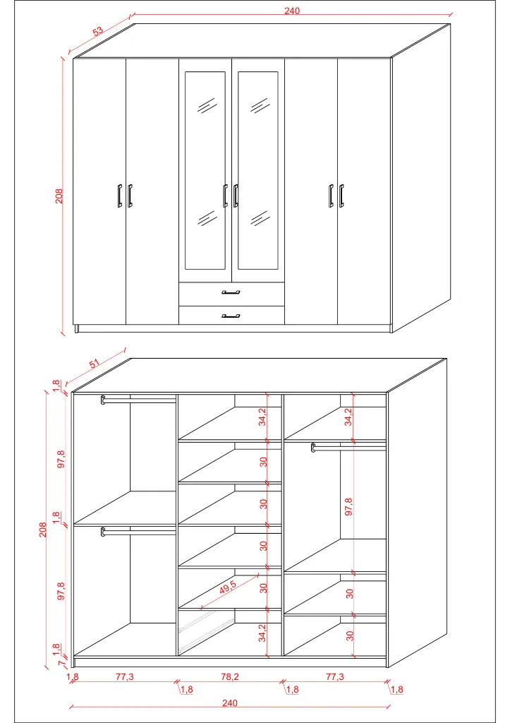 G05 gardırop ölçü şeması: 240x208x53 cm; iç bölme genişlikleri 77,3 ve 76,2 cm, raf aralıkları 30 cm.