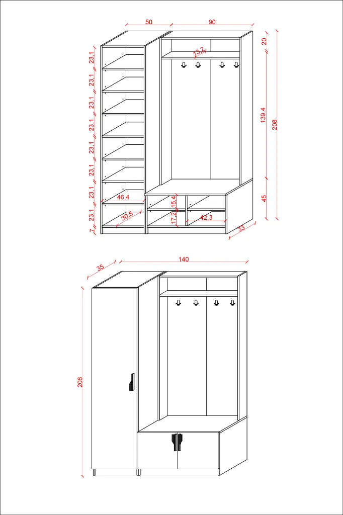 V-01 Ayakkabılıklı Askılıklı Vestiyer ve Portmanto 140 cm