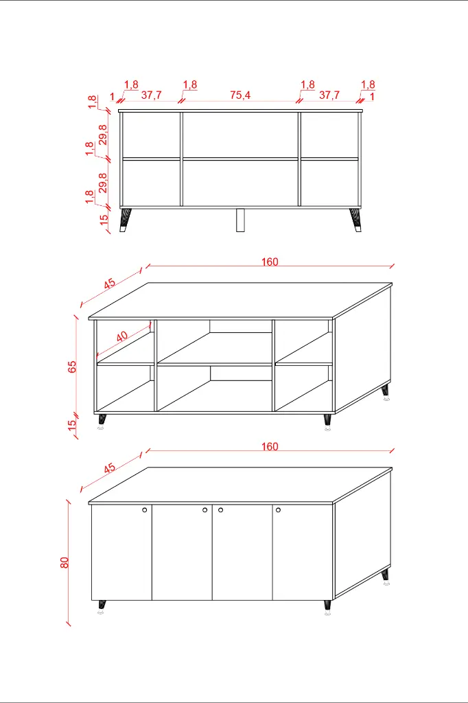 KNSL-01 ölçü şeması: 160x45x80 cm boyutlar, 4 kapaklı kapalı hâl ve açık raflı iç bölme düzeni çizimle gösteriliyor.