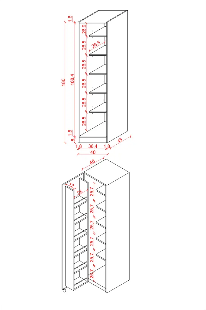 MK19 kiler dolabı ölçü şeması: 180 cm yükseklik, 40 cm genişlik, 45 cm derinlik; iç raf aralıkları 26,5 cm ve kapak rafları 25,7 cm.