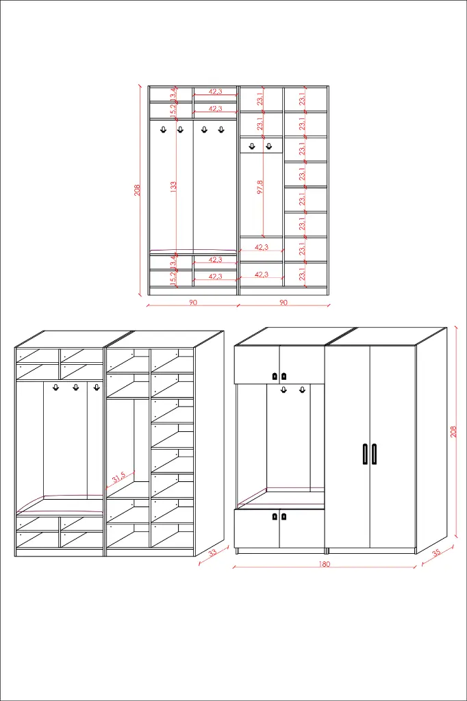 V-02 Aynalı Vestiyer ve Portmanto 180 cm Ayakkabılıklı Oturmalı