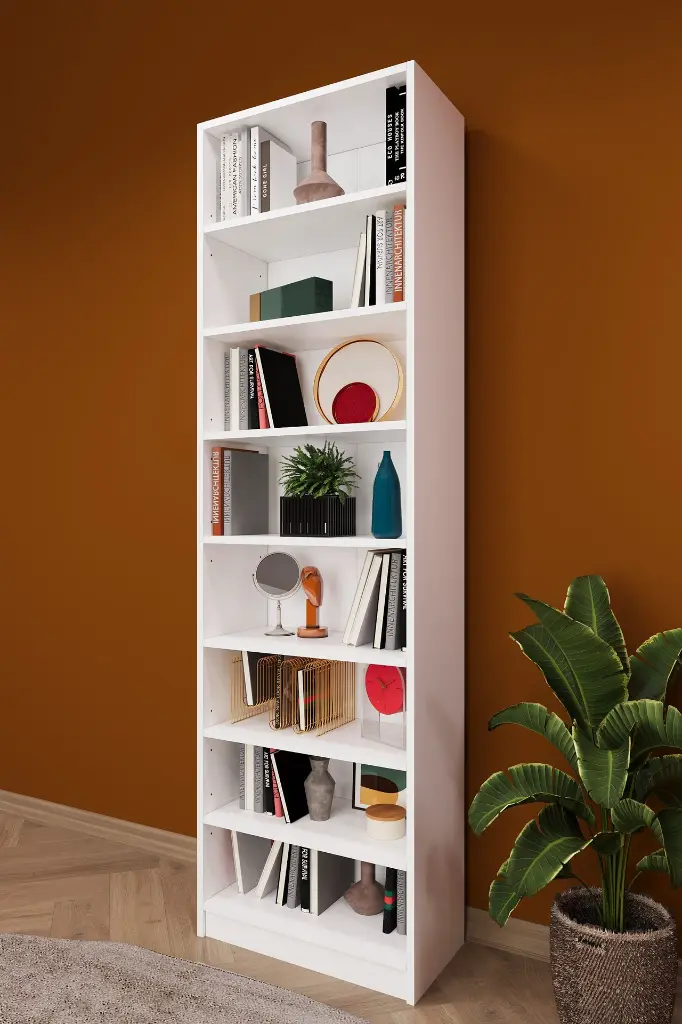 Beyaz Kitaplık 60x208 cm 8 Raflı Tekli Kapaksız K-01