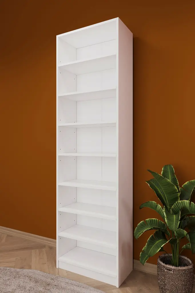 Beyaz Kitaplık 60x208 cm 8 Raflı Tekli Kapaksız K-01