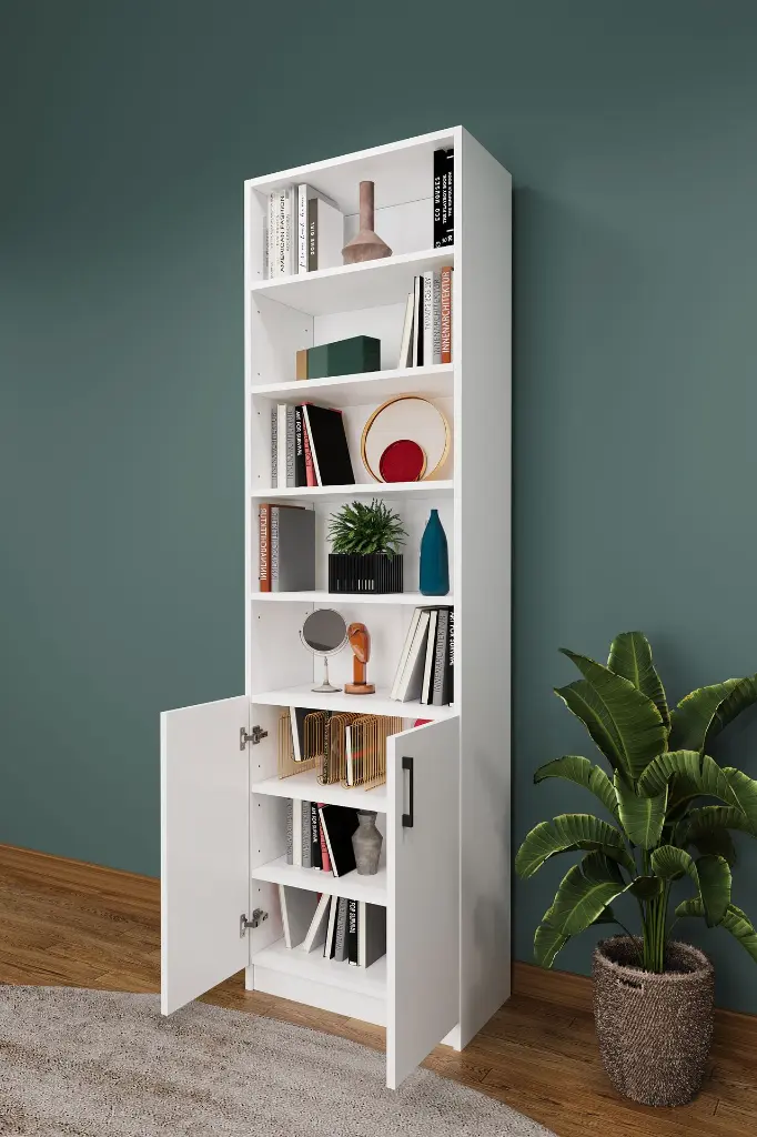 Açık Raflı Beyaz Kapaklı Kitaplık – 60x208 cm 8 Raflı K-31