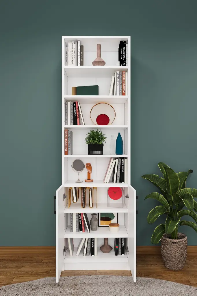 Açık Raflı Beyaz Kapaklı Kitaplık – 60x208 cm 8 Raflı K-31