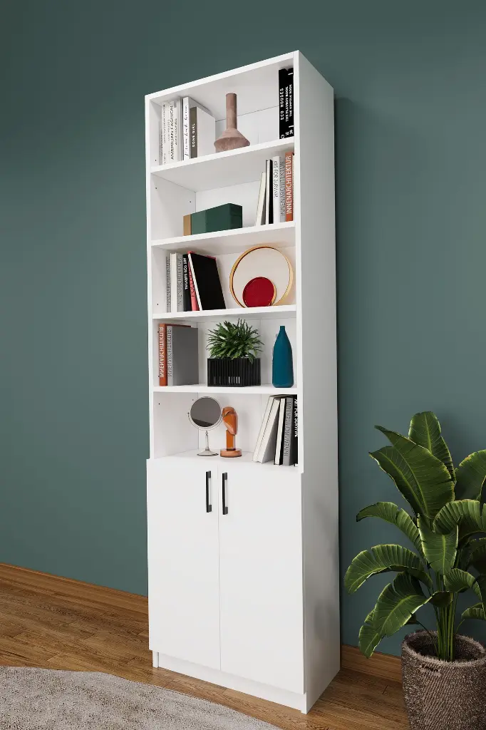 Açık Raflı Beyaz Kapaklı Kitaplık – 60x208 cm 8 Raflı K-31