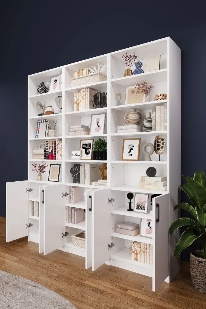 Beyaz Kapaklı Çok Raflı Üçlü Kitaplık – 180x208 cm %100 MDFLAM K-50