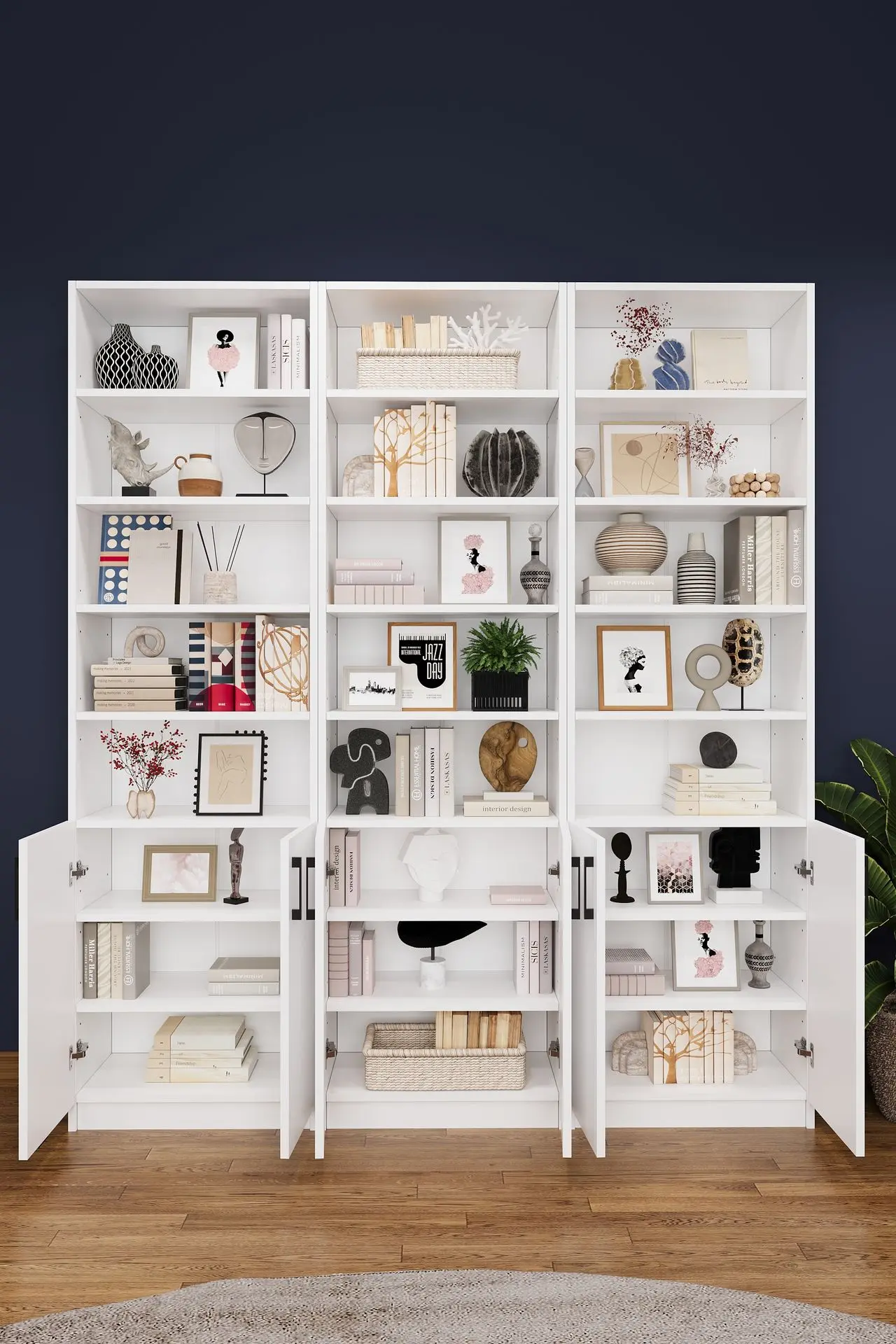 Beyaz Kapaklı Çok Raflı Üçlü Kitaplık – 180x208 cm %100 MDFLAM K-50