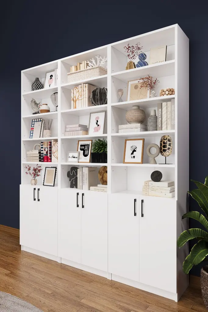 Beyaz Kapaklı Çok Raflı Üçlü Kitaplık – 180x208 cm %100 MDFLAM K-50