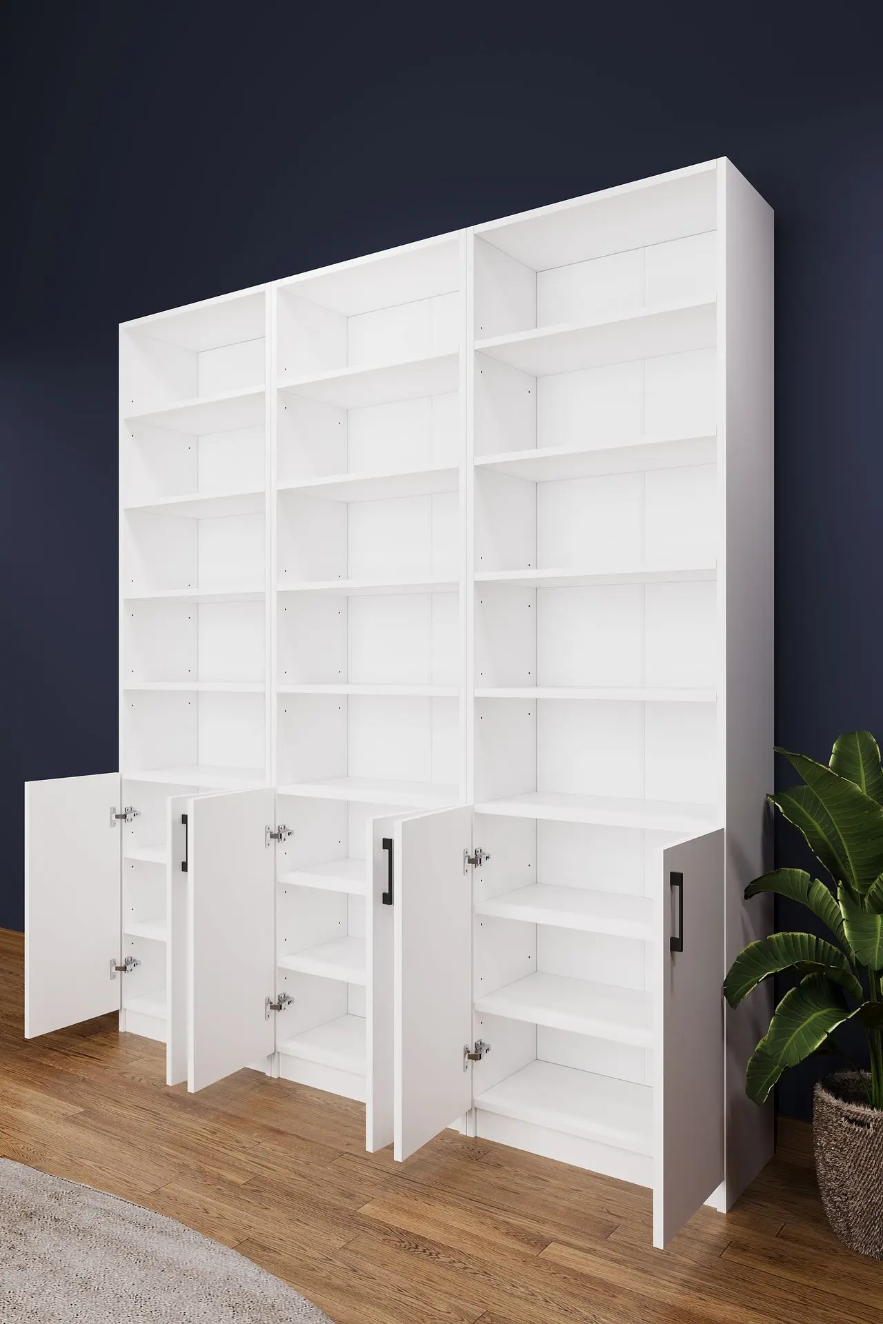 Beyaz Kapaklı Çok Raflı Üçlü Kitaplık – 180x208 cm %100 MDFLAM K-50