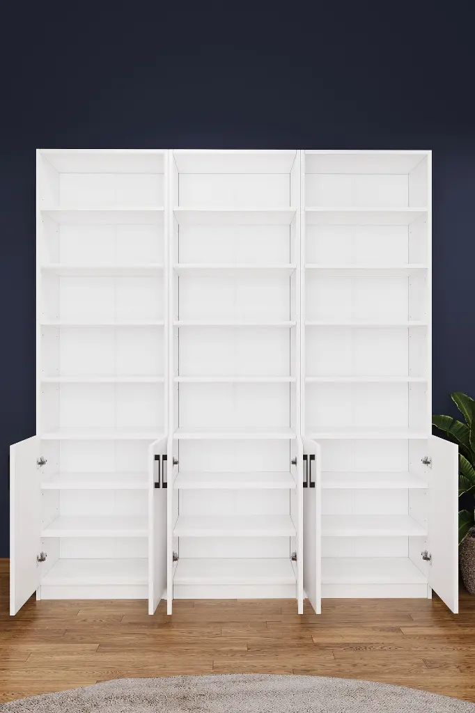 Beyaz Kapaklı Çok Raflı Üçlü Kitaplık – 180x208 cm %100 MDFLAM K-50