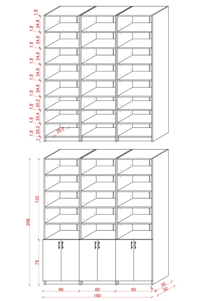 Beyaz Kapaklı Çok Raflı Üçlü Kitaplık – 180x208 cm %100 MDFLAM K-50