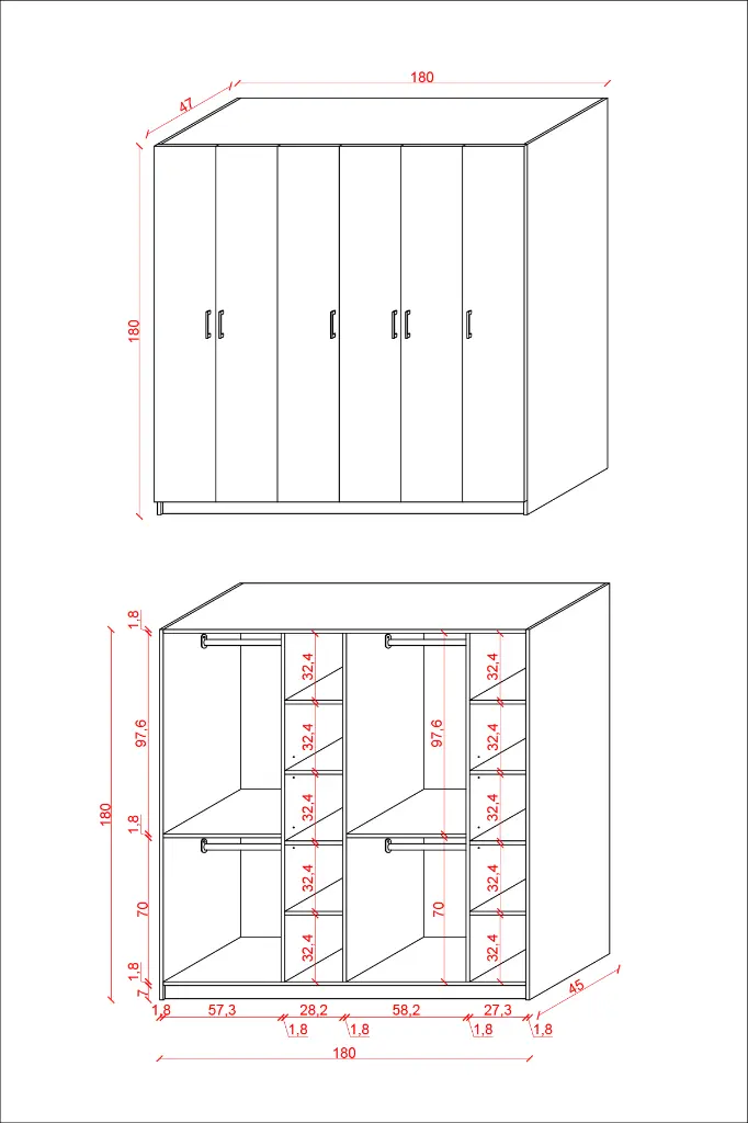 G-06 gardırop ölçü şeması: 180x180x47 cm dış ölçüler, 57,3 ve 58,2 cm bölme genişlikleri, 32,4 cm raf aralıkları.