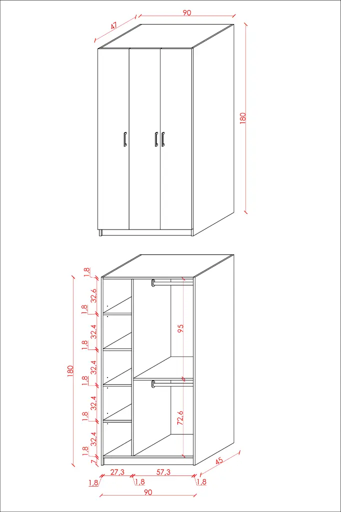 3 Kapaklı Küçük Gardırop 90x180 cm Dar Kompakt MDFLAM Yatak Odası Gardırobu G07 