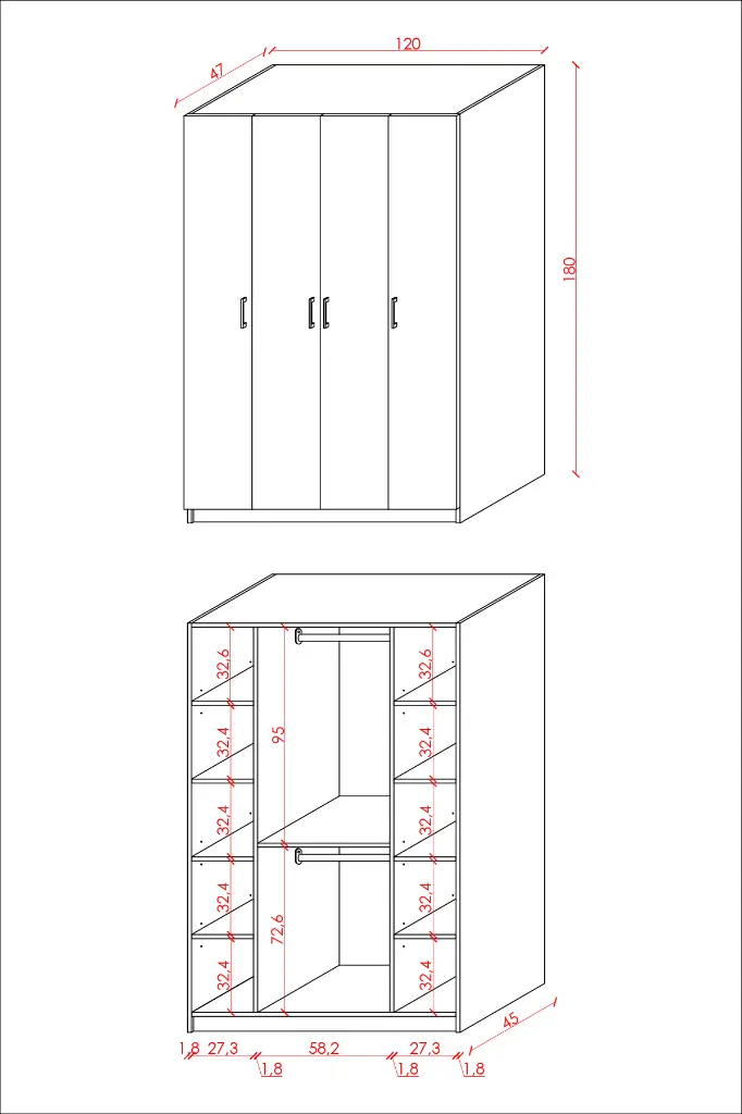 4 Kapaklı Gardırop 120x180 cm MDFLAM Yatak Odası Gardırobu G-08