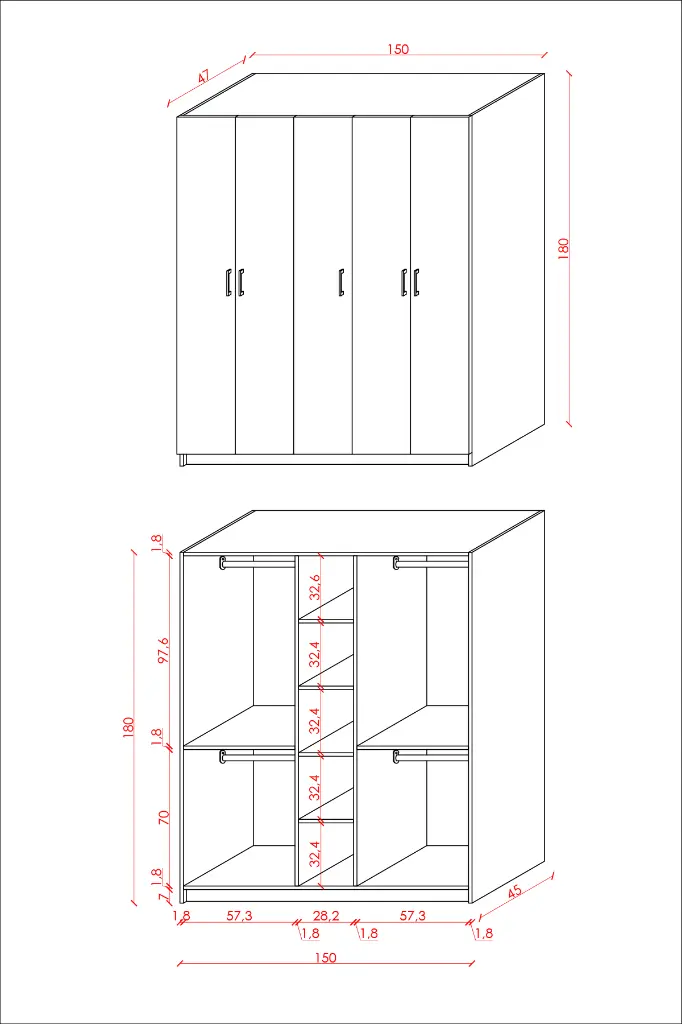 5 Kapaklı Gardırop 150x180 cm Kompakt MDFLAM Yatak Odası Gardırobu G-09