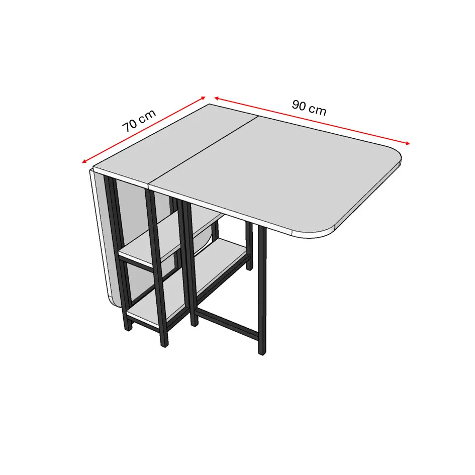 Ölçü şemasında açık masa tablasının 90 cm genişlik ve 70 cm derinlik ölçüleri ok işaretleriyle belirtilmiş.