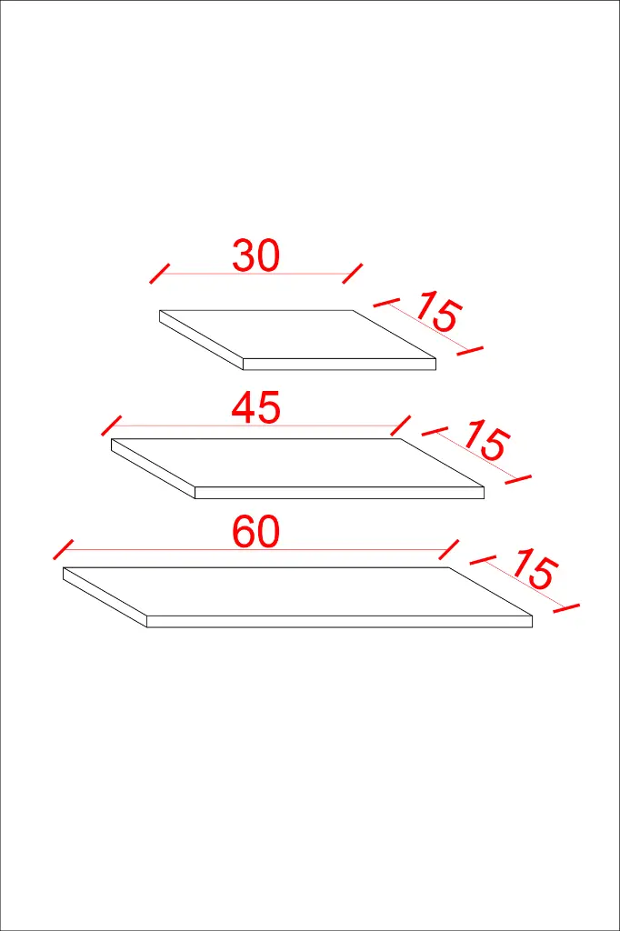 DRF-02 ölçü şeması: 60x15, 45x15, 30x15 cm üç rafın genişlik ve derinlikleri kırmızı çizgilerle işaretli.