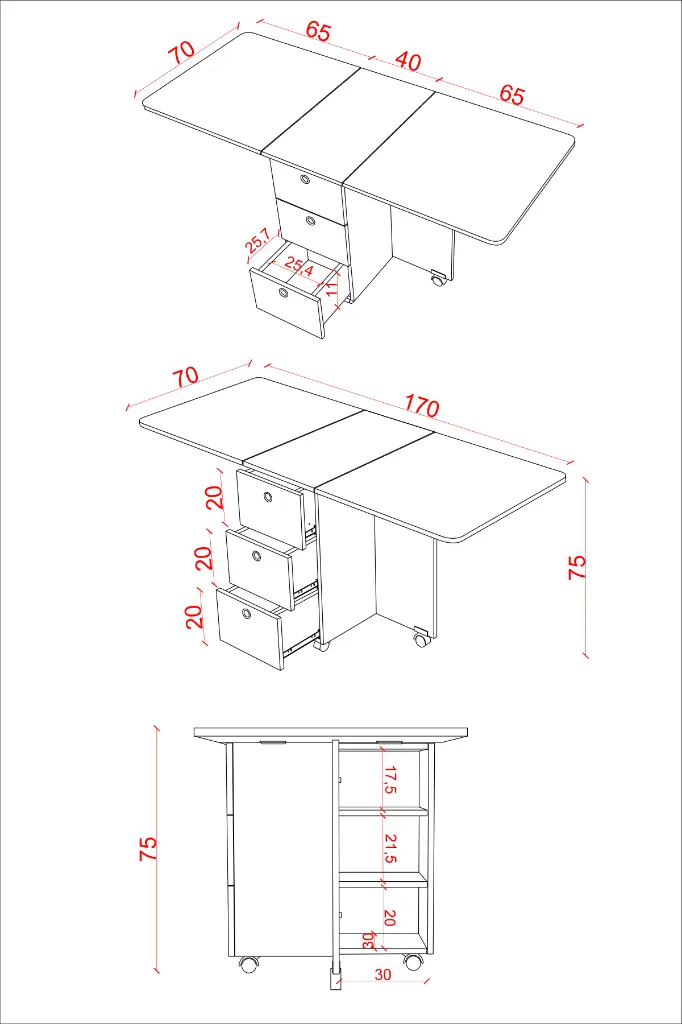KM-30 ölçü şeması: açık halde 170x70x75 cm, kapalı halde 70 cm derinlik; çekmece ve raf iç yükseklikleri 20 cm.
