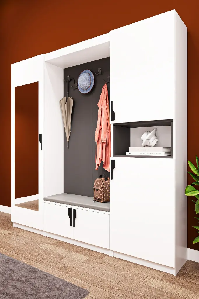 V-06 Aynalı Vestiyer Modelleri 210 cm Oturaklı Ayakkabılıklı Portmanto