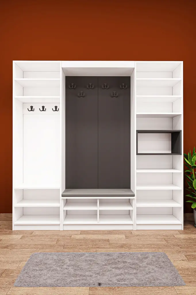 V-06 Aynalı Vestiyer Modelleri 210 cm Oturaklı Ayakkabılıklı Portmanto