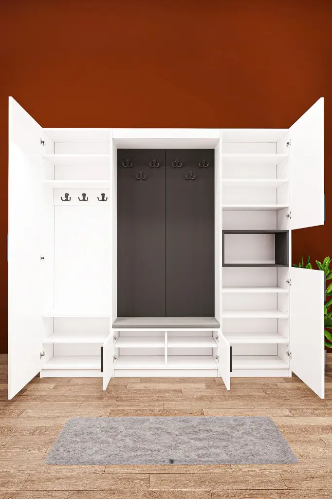 V-06 Aynalı Vestiyer Modelleri 210 cm Oturaklı Ayakkabılıklı Portmanto