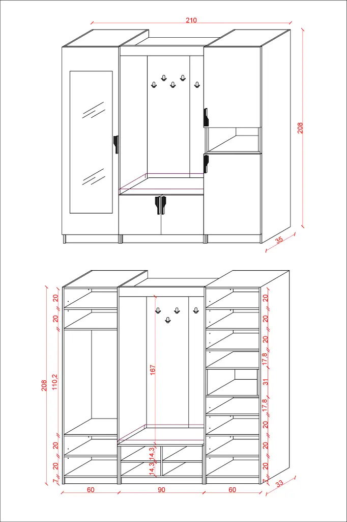 V-06 Aynalı Vestiyer Modelleri 210 cm Oturaklı Ayakkabılıklı Portmanto
