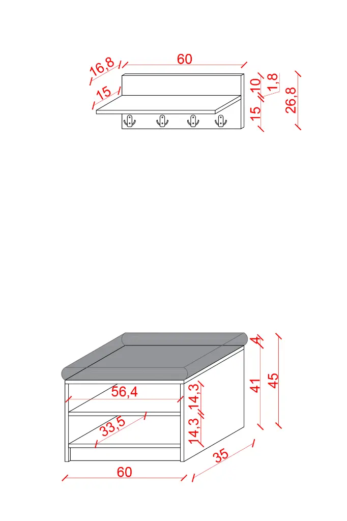 Askılıklı Minderli Ayakkabılık Seti Duvar Askılığı ve Oturma Bankı - A-33