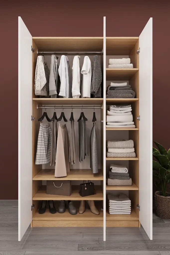 3 Kapaklı Gardırop 120x208 cm Çift Askılıklı MDF Yatak Odası Gardırobu G-01